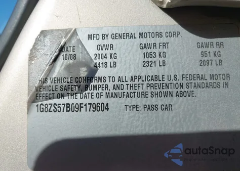 2009 Saturn Aura Xe z USA, uszkodzony, nr VIN 1G8ZS57B09F179604